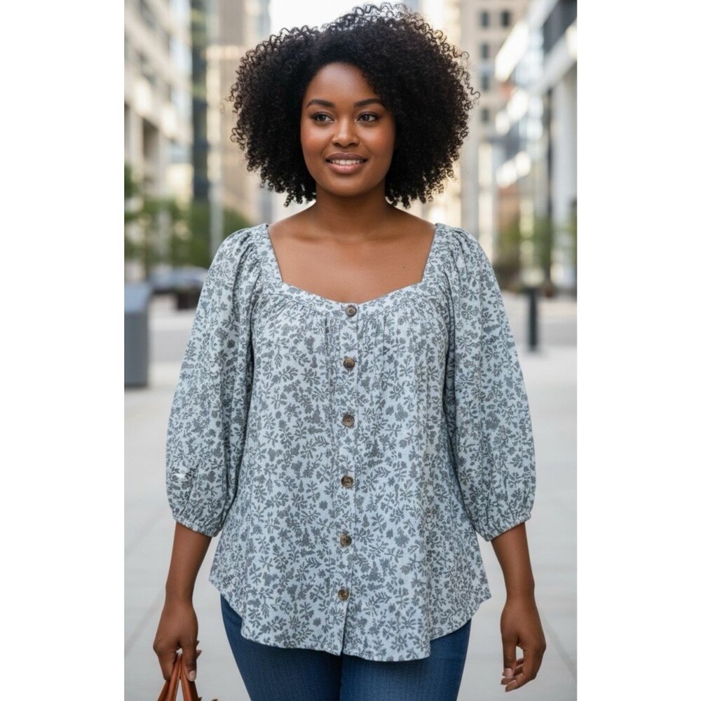 Unionbay NEW! womens mint 3/4 balloon sleeve boho gypsy 100% cotton top XL